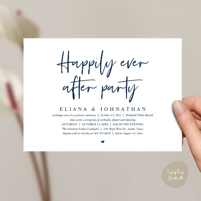 Livet-efter-Hallon- Fest Modern Bröllopsmottagning Inbjudningar (Happily Ever After Party Modern Wedding Reception Invitation Card in Navy Blue)