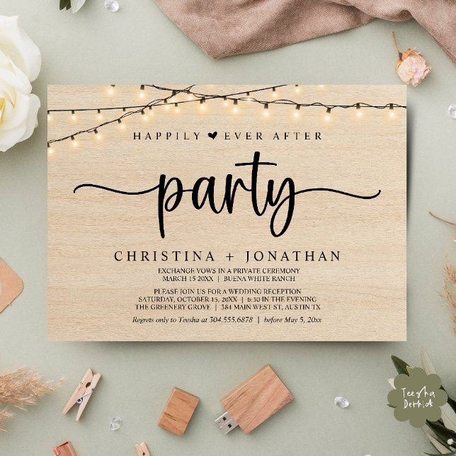 Livet-efter-Hed-bröllopsfest,  String Lights Bröll Inbjudningar (Happily Ever After party, String Lights Wedding Invitation Card PDF Cottage Wood)