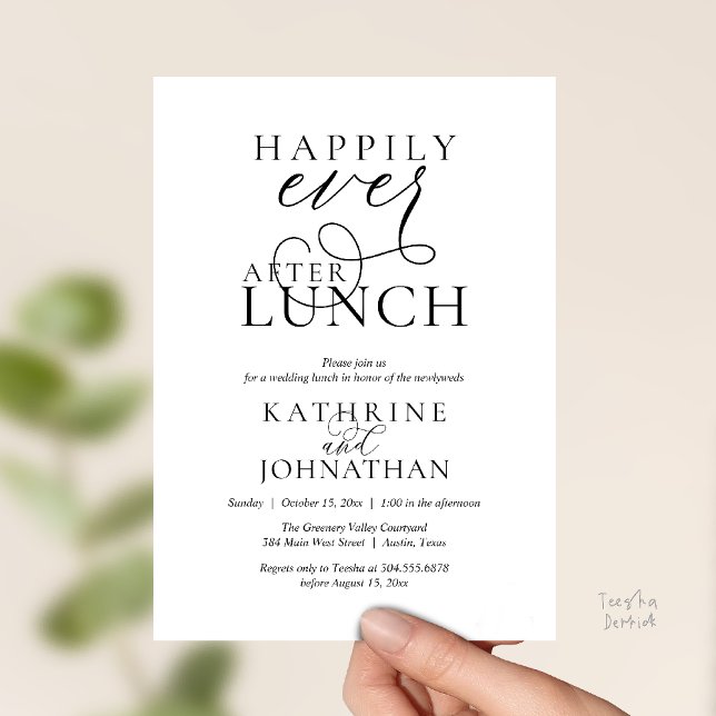 Livet Efter Lunch Efter Bröllop Elopement Inbjudningar (Happily Ever After, Modern Wedding Reception Lunch Invitation Card in Black and White)