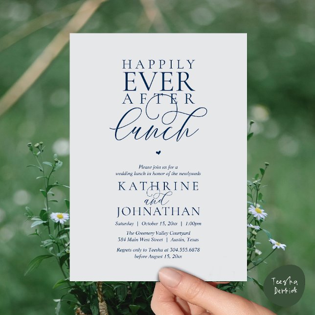 Livet Efter Lunch Klassisk Bröllopsflykt Inbjudningar (Happily Ever After Lunch Classy Wedding Elopement Invitation card in navy blue chill grey)