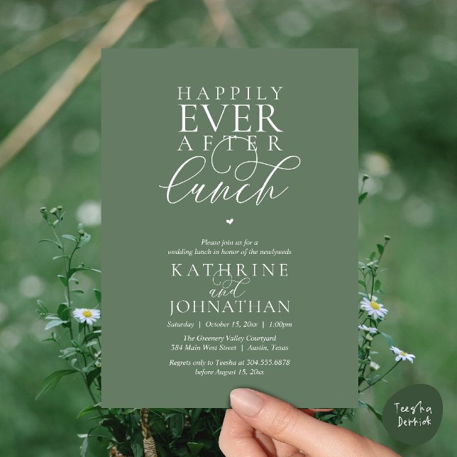 Livet Efter Lunch Klassisk Bröllopsflykt Inbjudningar (Happily Ever After Lunch Classy Wedding Elopement Invitation card in sage green)