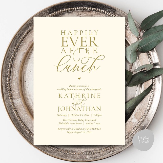 Livet Efter Lunch Klassisk Bröllopsflykt Inbjudningar (Happily Ever After Lunch Classy Wedding Elopement Invitation card in yellow gold)