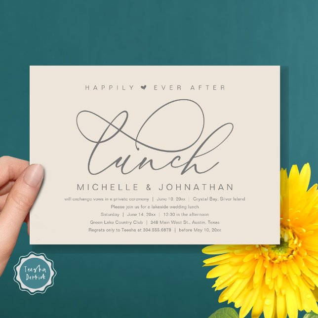Livet Efter Lunch, Modern Romantisk Fest Inbjudningar (Happily Ever After Lunch Invitation Card, PDF, Wedding Elopement, Romantic Heart, Dark Grey Cream)