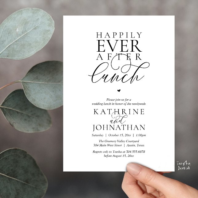 Livet Efter Lunchen Klassisk Bröllopsflykt Inbjudningar (Happily Ever After Lunch Classy Wedding Elopement Invitation card in black and white)