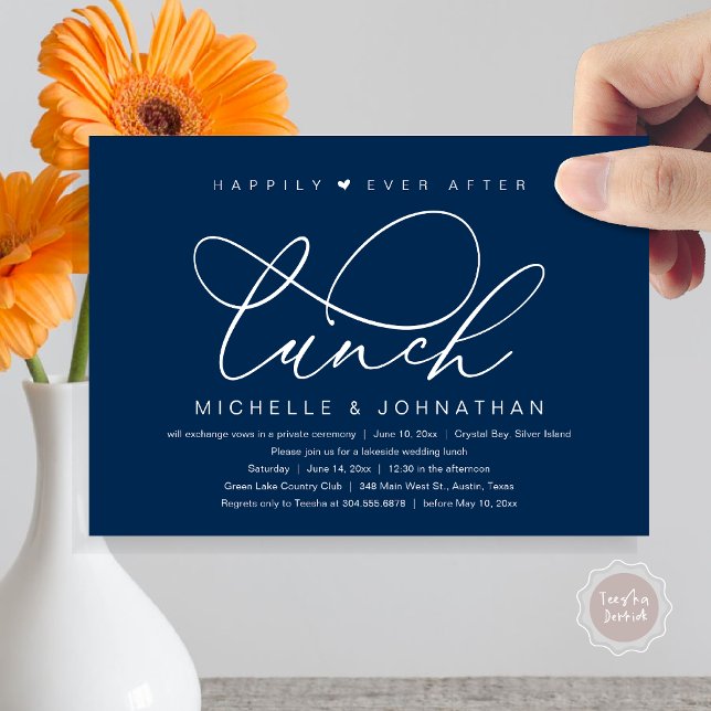 Livet Efter Lunchen, Modern Romantisk Fest Inbjudningar (Happily Ever After Lunch Invitation Card, PDF, Wedding Elopement, Romantic Heart, Classy Navy Blue)