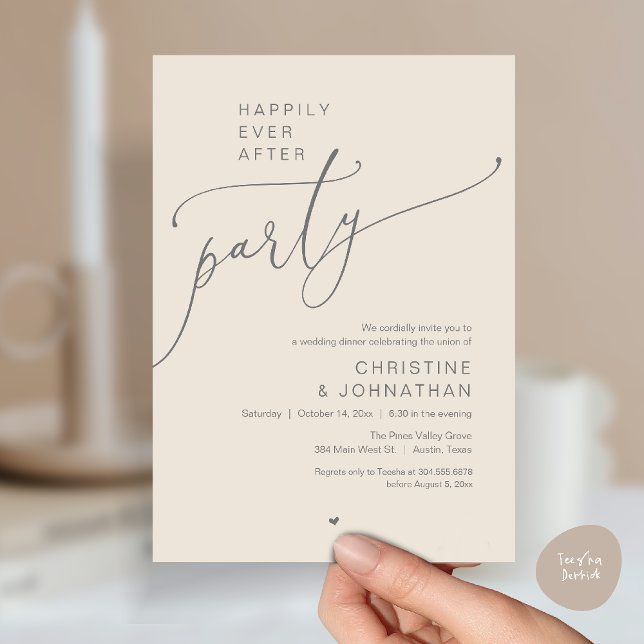 "Livet Efter Lycklig Bröllopsfest" Modern Bröllops Inbjudningar ("Happily Ever After Party" Modern Wedding Dinner reception Invitation card in cream grey)
