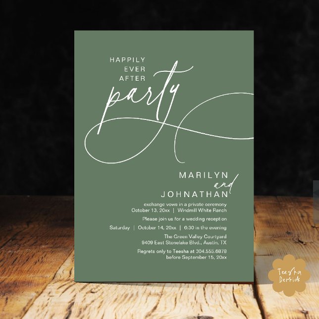 Livet Efter Lycklig Modern Elegant Bröllopsmiddag Inbjudningar (Happily Ever After Modern Elegant Romantic Wedding Reception Dinner Invitation Card in Sage Green)