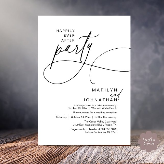 Livet Efter Lycklig Modern Elegant Bröllopsmiddag Inbjudningar (Happily Ever After Modern Elegant Romantic Wedding Reception Dinner Invitation Card in Black White)