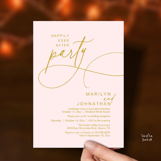 Livet Efter Lycklig Modern Elegant Bröllopsmiddag Inbjudningar (Happily Ever After Modern Elegant Romantic Wedding Reception Dinner Invitation Card in Gold Blush)