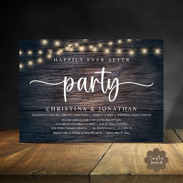 Livet lyckligt efter-fest, Rustik Bröllop Inbjudningar (Happily Ever After party, Rustic Wedding reception Invitation Card string lights dark wood)