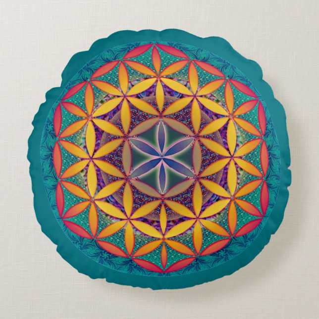 Livet Mandalas blomma Rund Kudde (Framsidan)