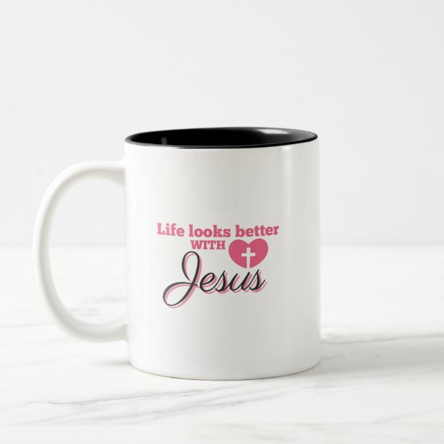Livet ser bättre ut med Jesus Två-Tonad Mugg (Vänster)