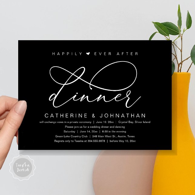 Livet Ut Efter Middag, Modern Romantisk Fest Inbjudningar (Happily Ever After Dinner Party, Modern Romantic Wedding  Invitation Card, PDF, Classy Black)