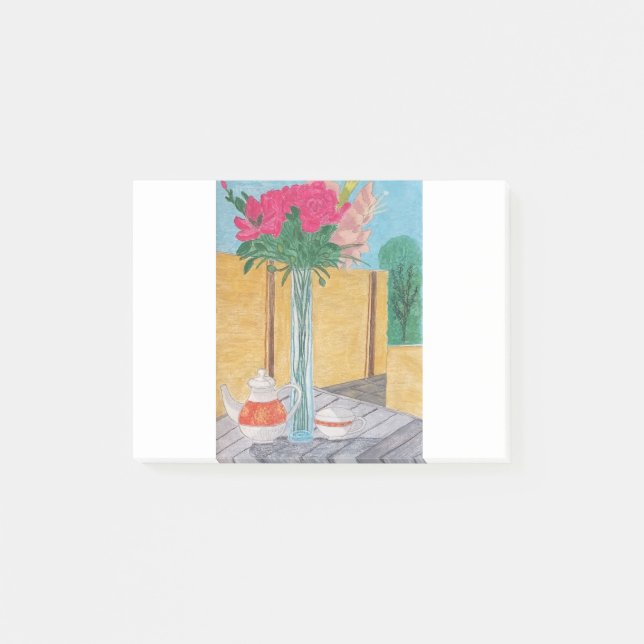 Livet. Vas med blommor, en tekruka och en Post-it Block (Framsida)