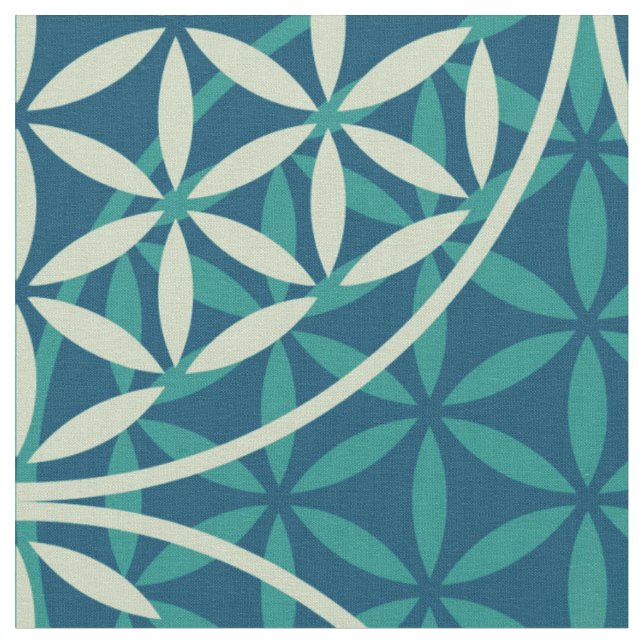 Livets blomma - frimärke mönster - cyan blue tyg (Närbild)