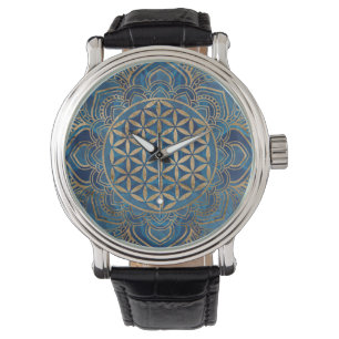 Livets blomma i Lotus - Blå marmor och Guld Armbandsur