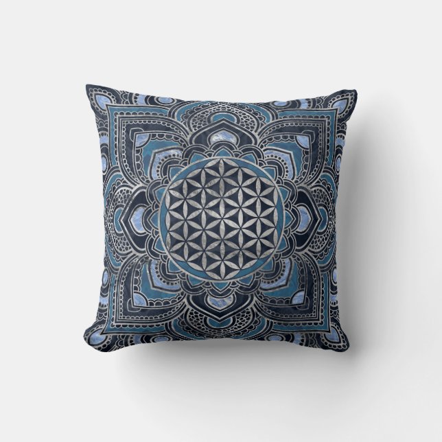 Livets blomma i Lotus - Blue Crystal och Silver Kudde (Framsida)