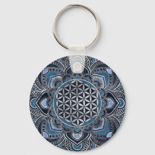 Livets blomma i Lotus - Blue Crystal och Silver Nyckelring
