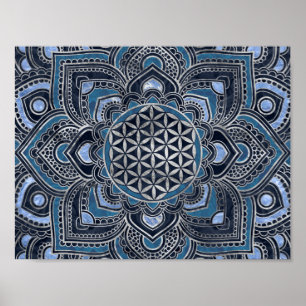 Livets blomma i Lotus - Blue Crystal och Silver Poster