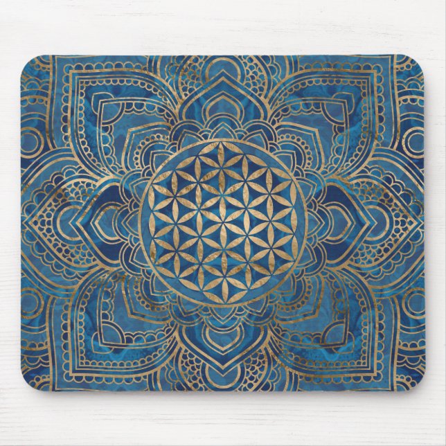 Livets blomma i Lotus - Blue Marble och Guld Musmatta (Framsidan)