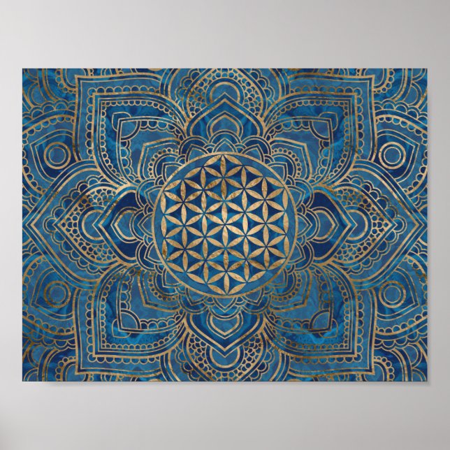 Livets blomma i Lotus - Blue Marble och Guld Poster (Framsidan)