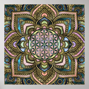 Livets blomma i Lotus - Marble och Guld Poster
