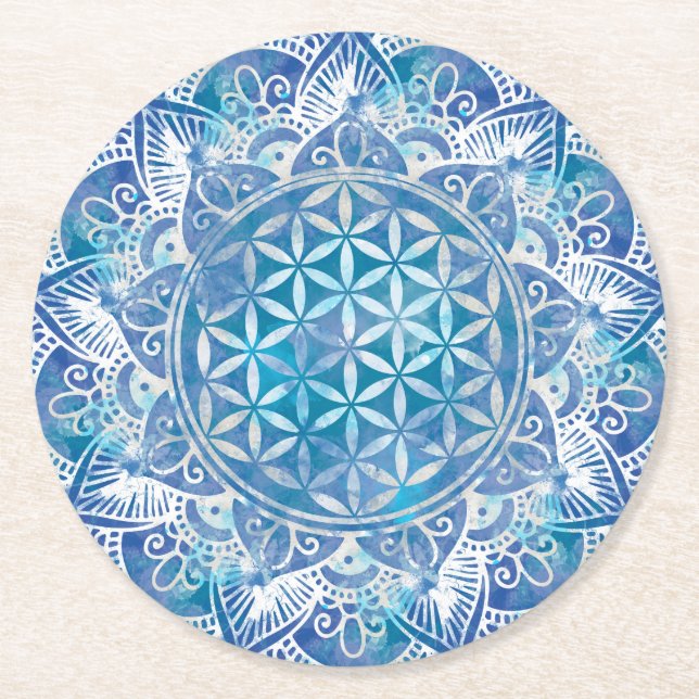 Livets blomma i Lotus - vattenfärgsblått Underlägg Papper Rund (Framsidan)