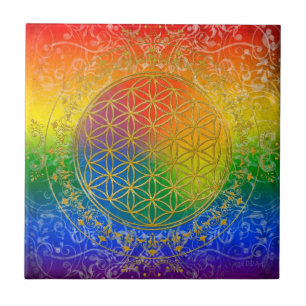 Livets blomma - Ornament Rainbow guld Kakelplatta