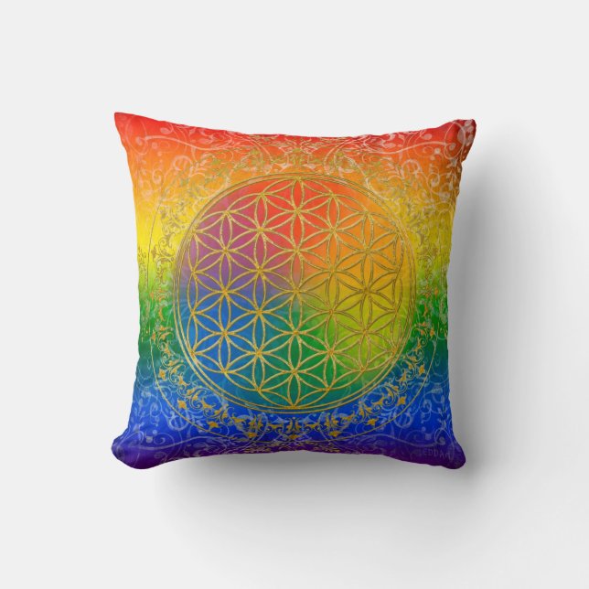Livets blomma - Ornament Rainbow guld Kudde (Framsida)