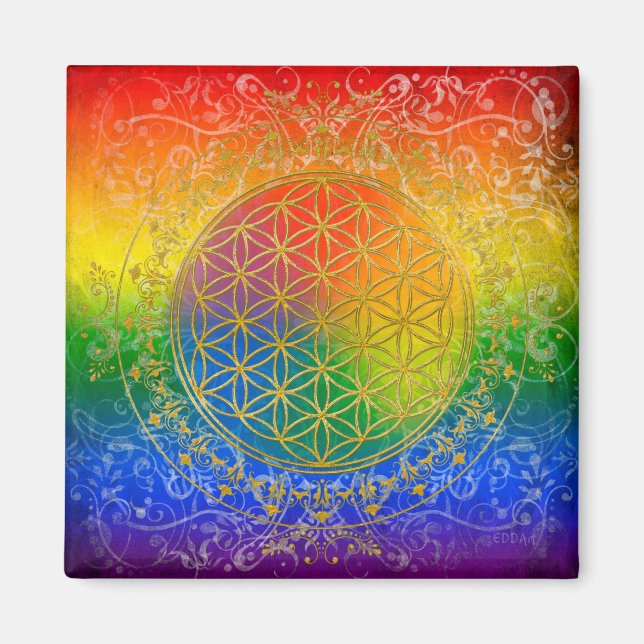 Livets blomma - Ornament Rainbow guld Magnet (Framsidan)