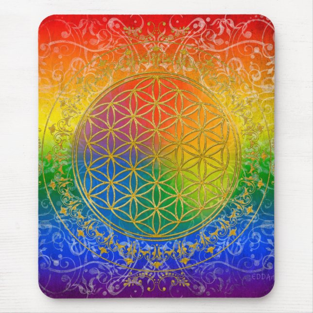 Livets blomma - Ornament Rainbow guld Musmatta (Framsidan)