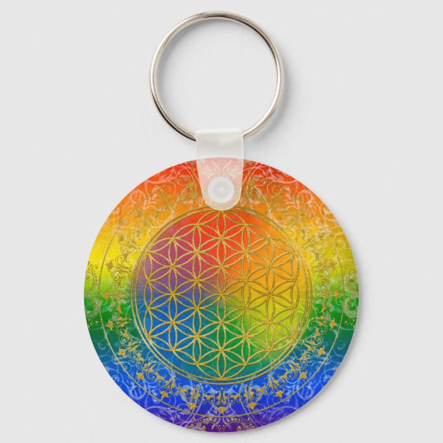 Livets blomma - Ornament Rainbow guld Nyckelring (Framsida)