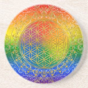 Livets blomma - Ornament Rainbow guld Underlägg Sandsten