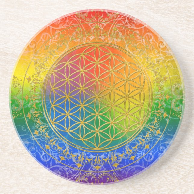 Livets blomma - Ornament Rainbow guld Underlägg Sandsten (Framsidan)