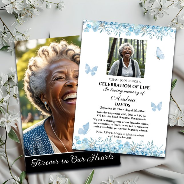 Livets Firande 2 Bilder Begravning Blå Blommor Inbjudningar (Skapare uppladdad)
