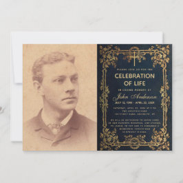 Livets Firande Begravningsfoto Blå Guld Vines Inbjudningar