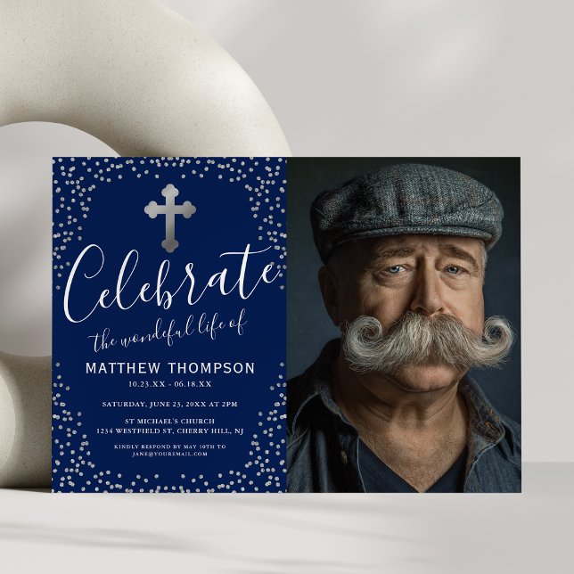 Livets Firande Blå Silver Foto Inbjudningar (Skapare uppladdad)