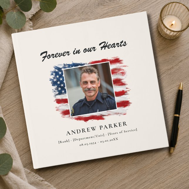 Livets firande Foto Patriotisk Begravning Beige Gästböcker (Custom "Celebration of Life" Photo Patriotic American Flag Funeral Guest Book)