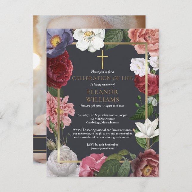 Livets firande Guld Kors Ros Blommig Foto Meddelande Vykort (Fram/baksida)