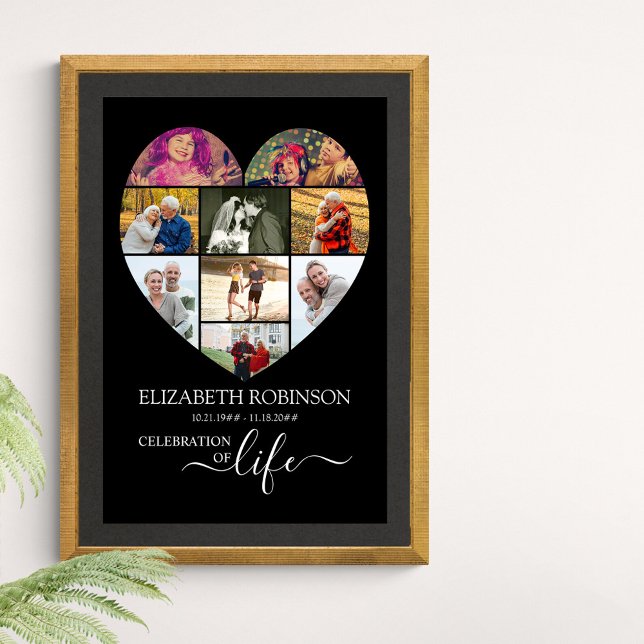 Livets firande Hjärtformad 9 Foto Collage Poster (Funeral memorial poster to order professionally printed or as a printable digital download)