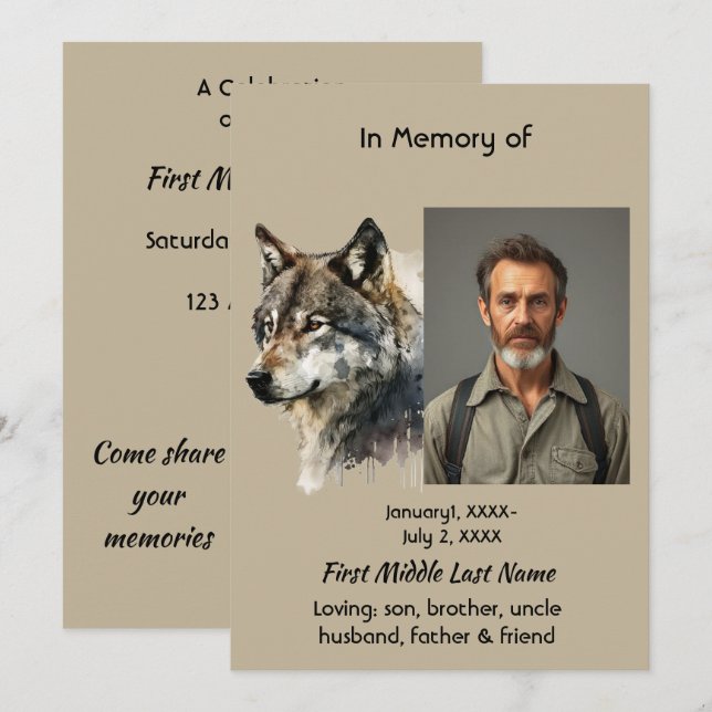Livets firande Minnes Wolf Art Inbjudan (Fram/baksida)