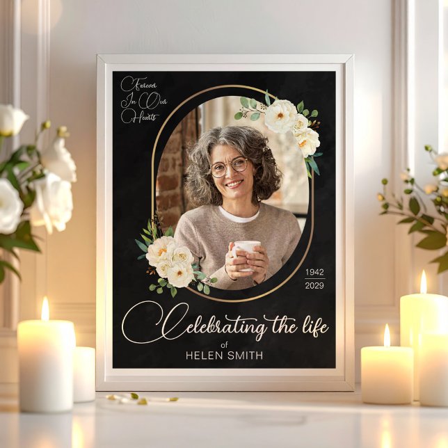 Livets firande, Minnesvärd Elegant Blomma Foto Poster (Elegant Floral Celebration of Life Memorial Photo Poster, Funeral Flower Poster)