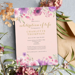 Livets firande Rosa Guld Blommig Begravning Inbjudningar