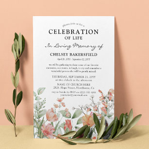 Livets firande Rosa & Persika Blommig Minneshögtid Inbjudningar