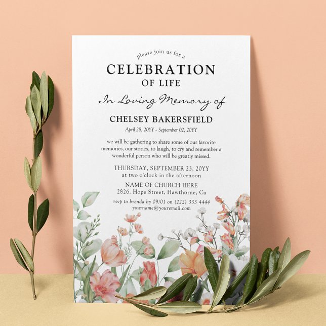 Livets firande Rosa & Persika Blommig Minneshögtid Inbjudningar (Skapare uppladdad)