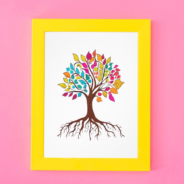 Livets livfulla träd: Rötter och färgglada blad Fototryck (Vibrant Tree of Life: Roots and colorful leaves. Photo Print)