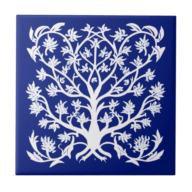 Livets träd #4 White och Cobalt Blue Kakelplatta (Framsidan)