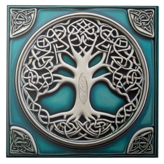 Livets träd Aqua Turquise Faux Relief Celtic Kakelplatta (Framsidan)