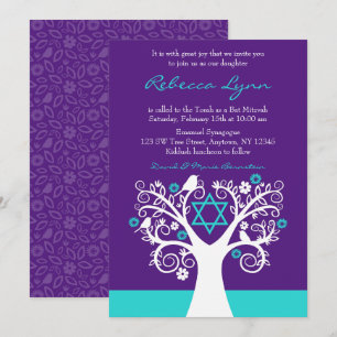 Livets träd Birds Lila Teal Bat mitzvah Inbjudningar
