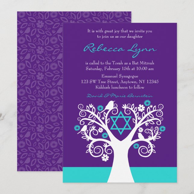 Livets träd Birds Lila Teal Bat mitzvah Inbjudningar (Fram/baksida)